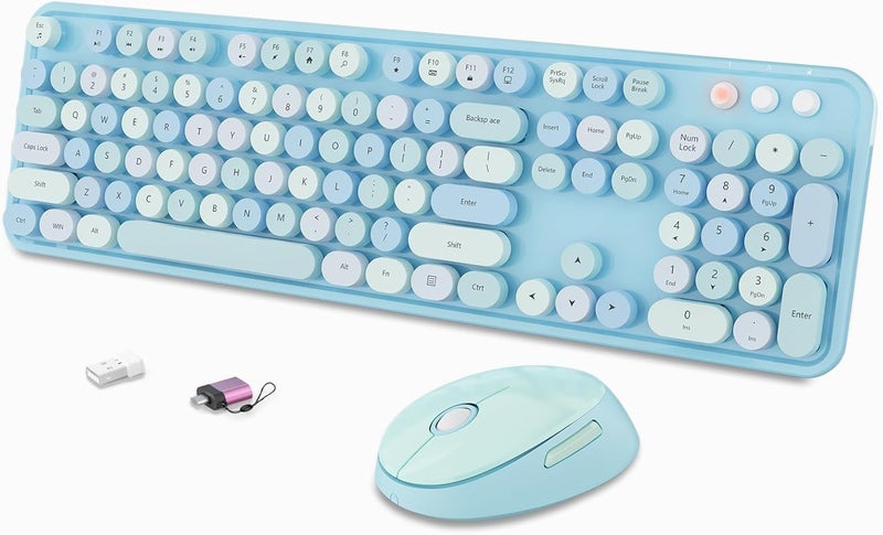 SkyGive Wireless Keyboard and Mouse Combo, Ergonomic Full Size Typewriter Retro Round Keycaps Keyboard, Compatible with Windows, PC, Perfer for Home and Office Keyboards (Blue - Image 1